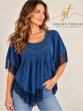 GT-0197 Studio West Blue Embroidered Fringe Boho Poncho Top