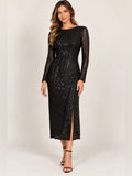 GT-0156 Ieena Mac Duggal Black Sequin Midi Dress 10 Open Back Long Sleeve NWT
