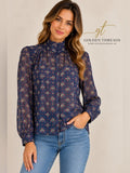 GT-0186 Pendleton Floral Sheer Blouse 12 Navy High Neck Button Back Long Sleeve