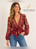 0031-Free People Burgundy Floral Tie-Front Blouse Size Small