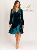 GT-0161 Maison Tara Teal Velvet Faux Wrap Dress 8 Rosette Ruffle Holiday