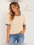 GT-0164 Carlisle 100% Silk Cream Ribbed Knit Top L navy Trim Quiet Luxury