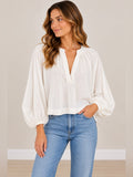 GT-0149 Maeve Anthropologie White Split Neck Balloon Sleeve Blouse M Boho