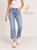 GT-0103 LOFT High Waist Flare Crop Jeans 30/10 Distressed Raw Hem Light Wash