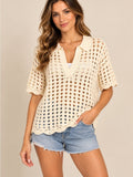 GT-0174 DR2 Cream Crochet Knit Polo Sweater Top S Open Stitch Boho Coastal