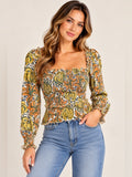 GT-0208 Anthropologie Floral Smocked Square Neck Peplum Blouse M