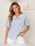 GT-0237 Umgee Blue White Striped Peter Pan Collar Puff Sleeve Blouse L