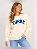 OKAICOS Turks Cream Blue Chenille Letter Crewneck Sweatshirt L GT-0222
