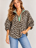 Entro Leopard Print Dolman Sleeve Striped V Neck Top Small GT-0275