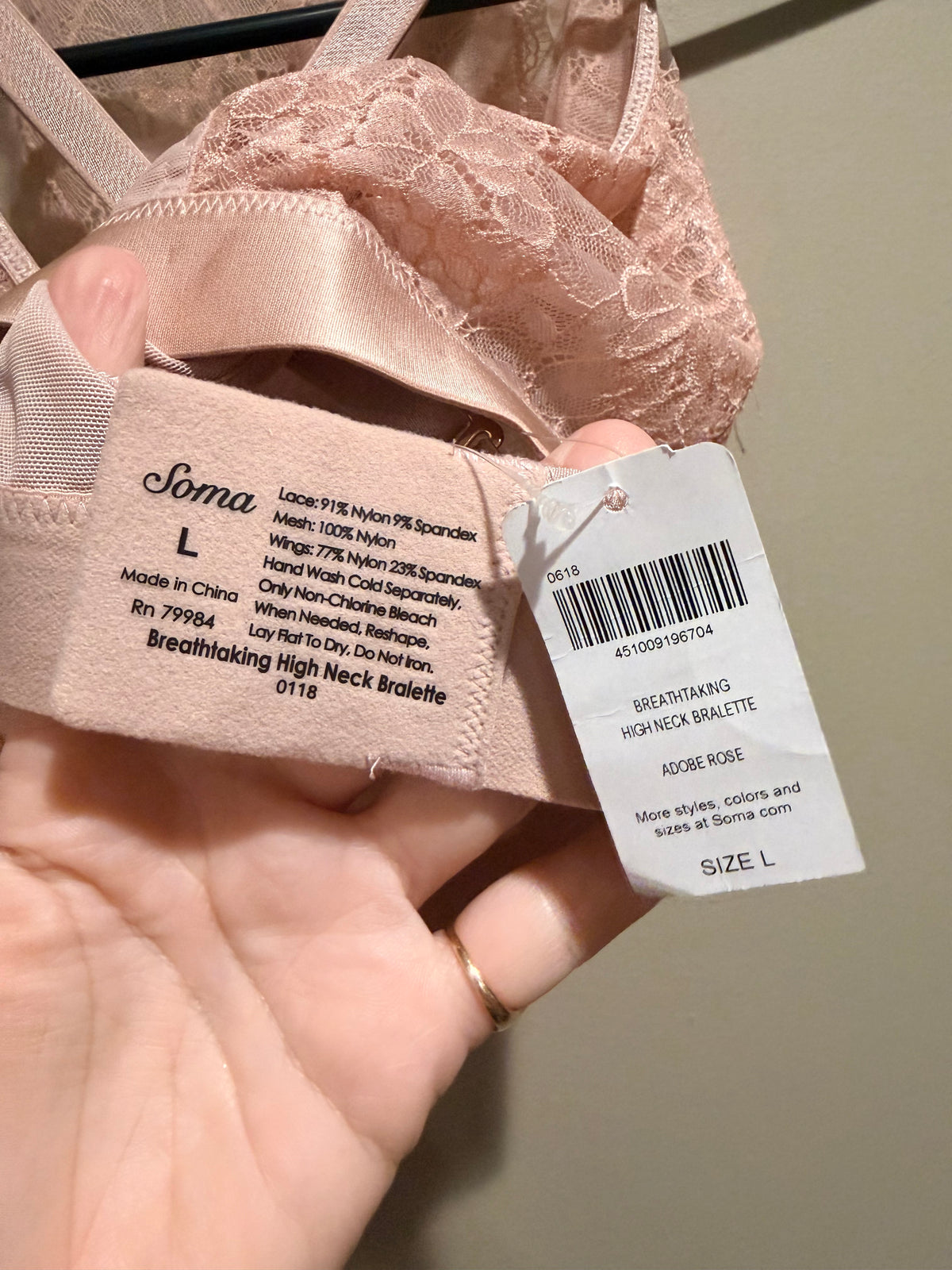 Soma Breathtaking High Neck Lace Bralette Adore Rose Size L NWT