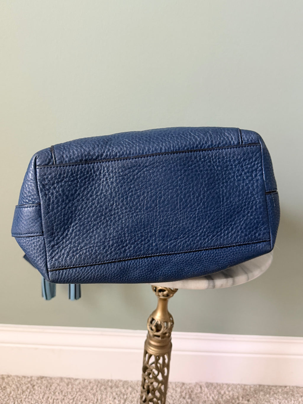 Coach Navy Blue Pebbled Leather Hobo Shoulder Bag Tassel Silver Hardware