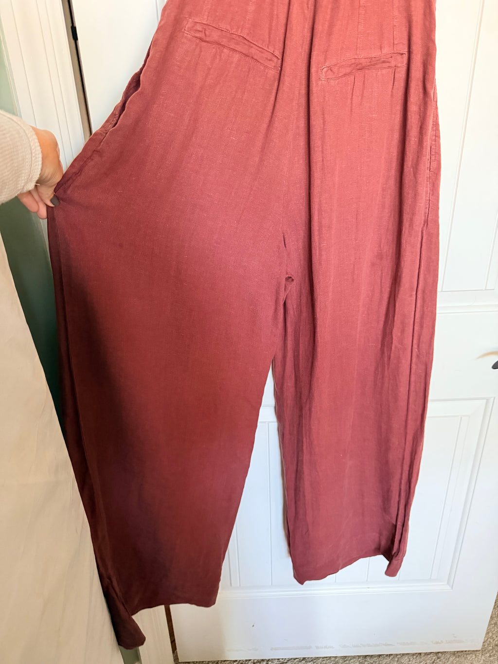 Anthropologie 100% Linen Strapless Wide Leg Jumpsuit Rust 6