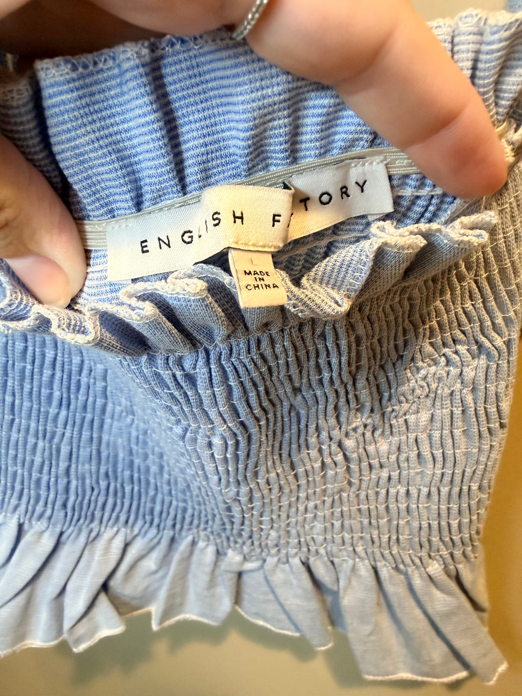 English Factory Light Blue Smocked Ruffle Crop Camisole with Black Straps