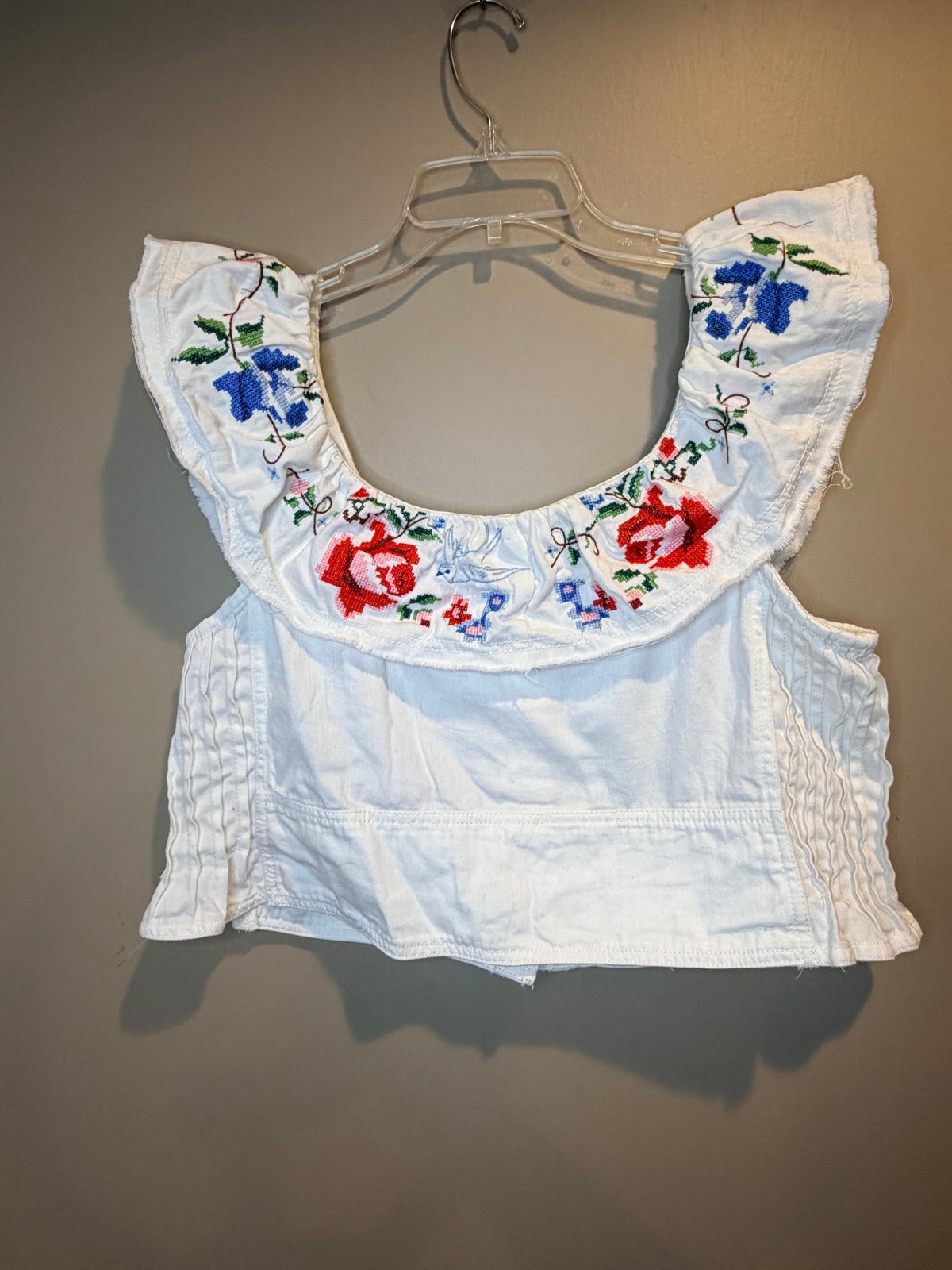 Pilcro White Embroidered Ruffle Camisole with Red and Blue Floral Accents