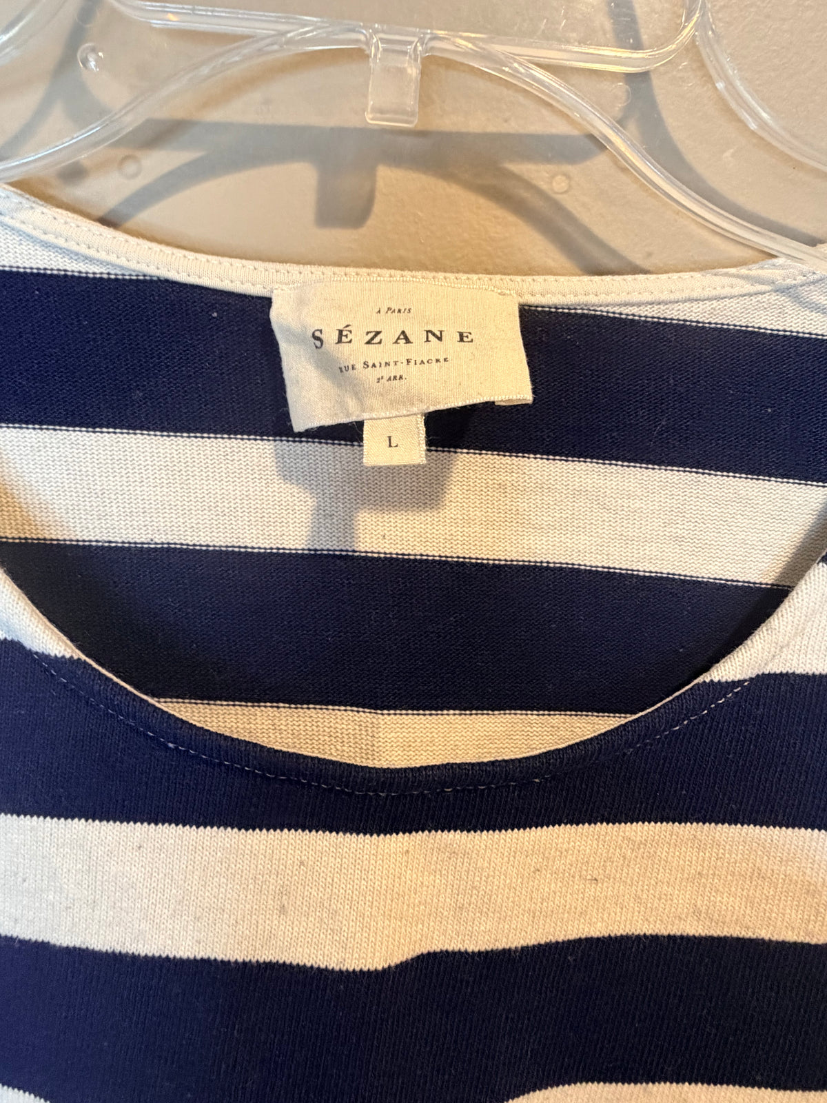 Sezane Navy and White Striped Long-Sleeve Top with Shoulder Buttons
