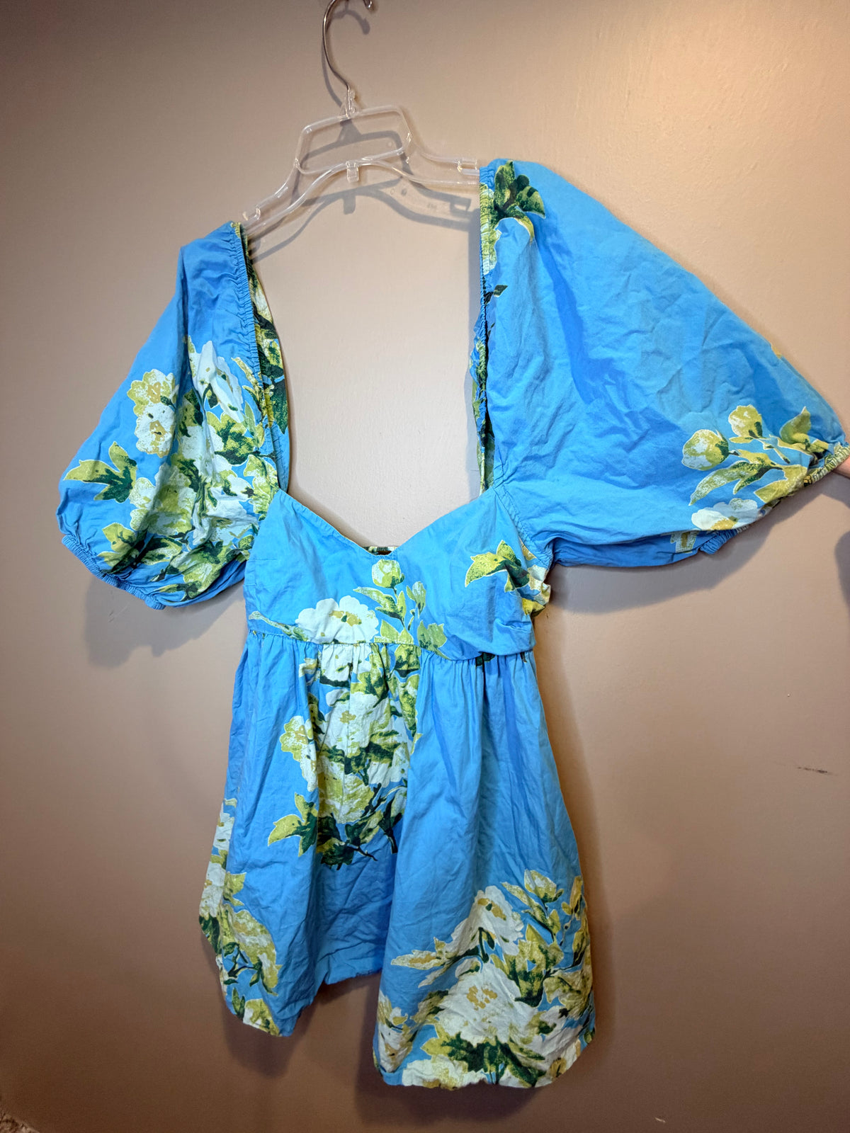 Free People Blue Floral Puff Sleeve Mini Tunic Dress Boho M