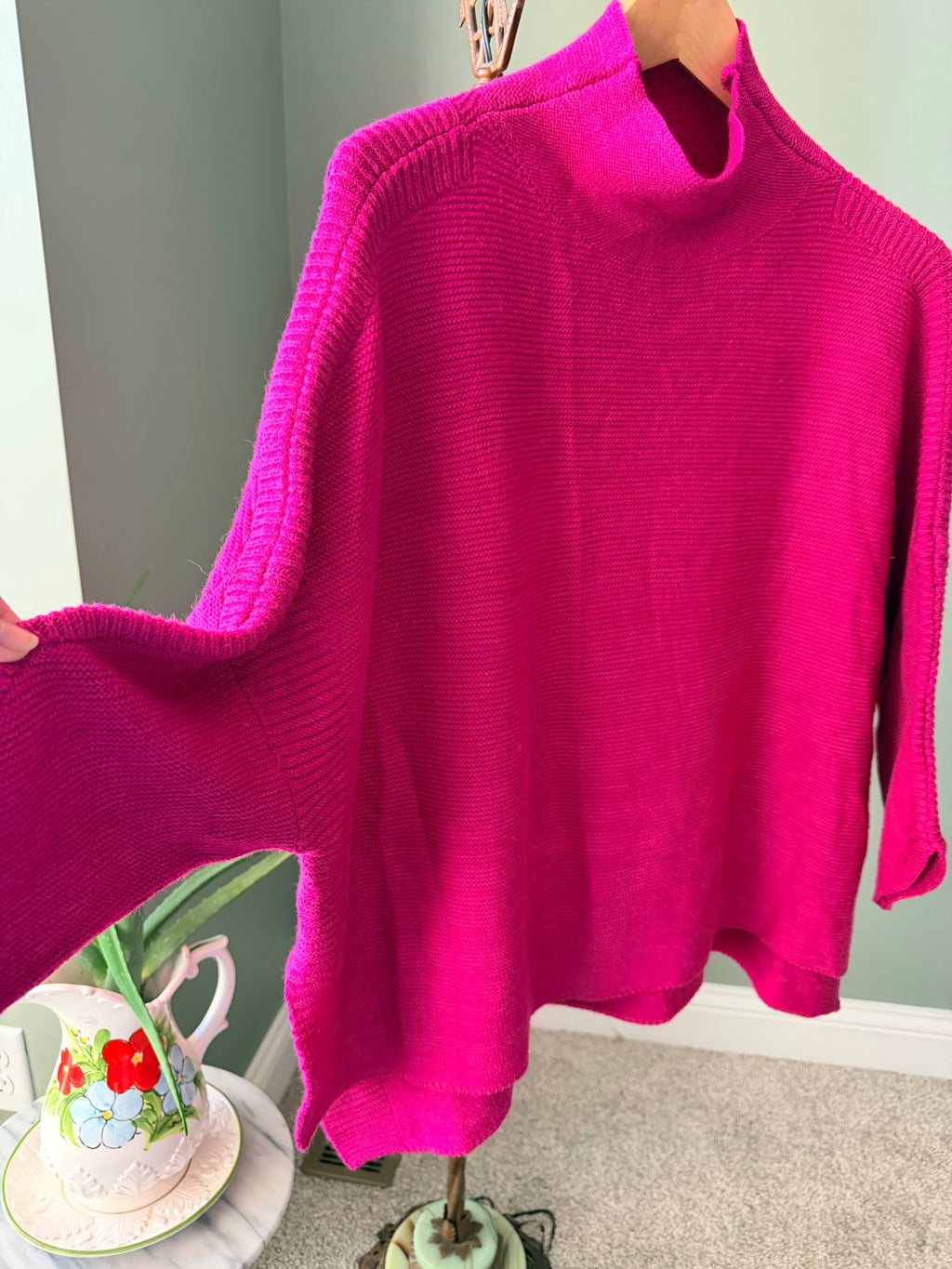 Kerisma Oversized Poncho Sweater Magenta Pink Mock Neck Dolman Sleeve