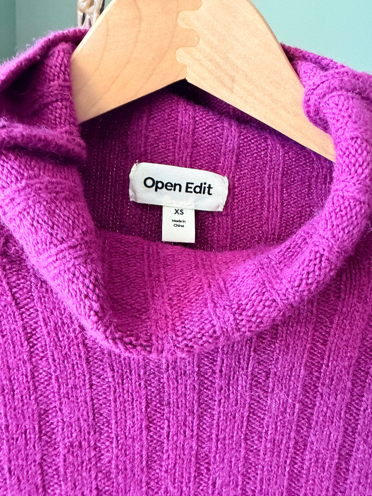 Open Edit Ribbed Turtleneck Sweater XS Magenta Pink Wool Blend Oversized