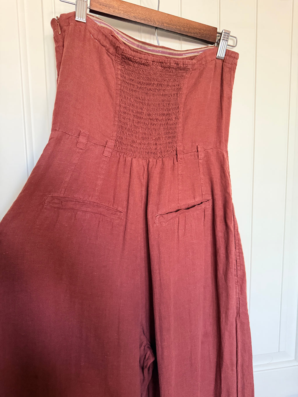 Anthropologie 100% Linen Strapless Wide Leg Jumpsuit Rust 6