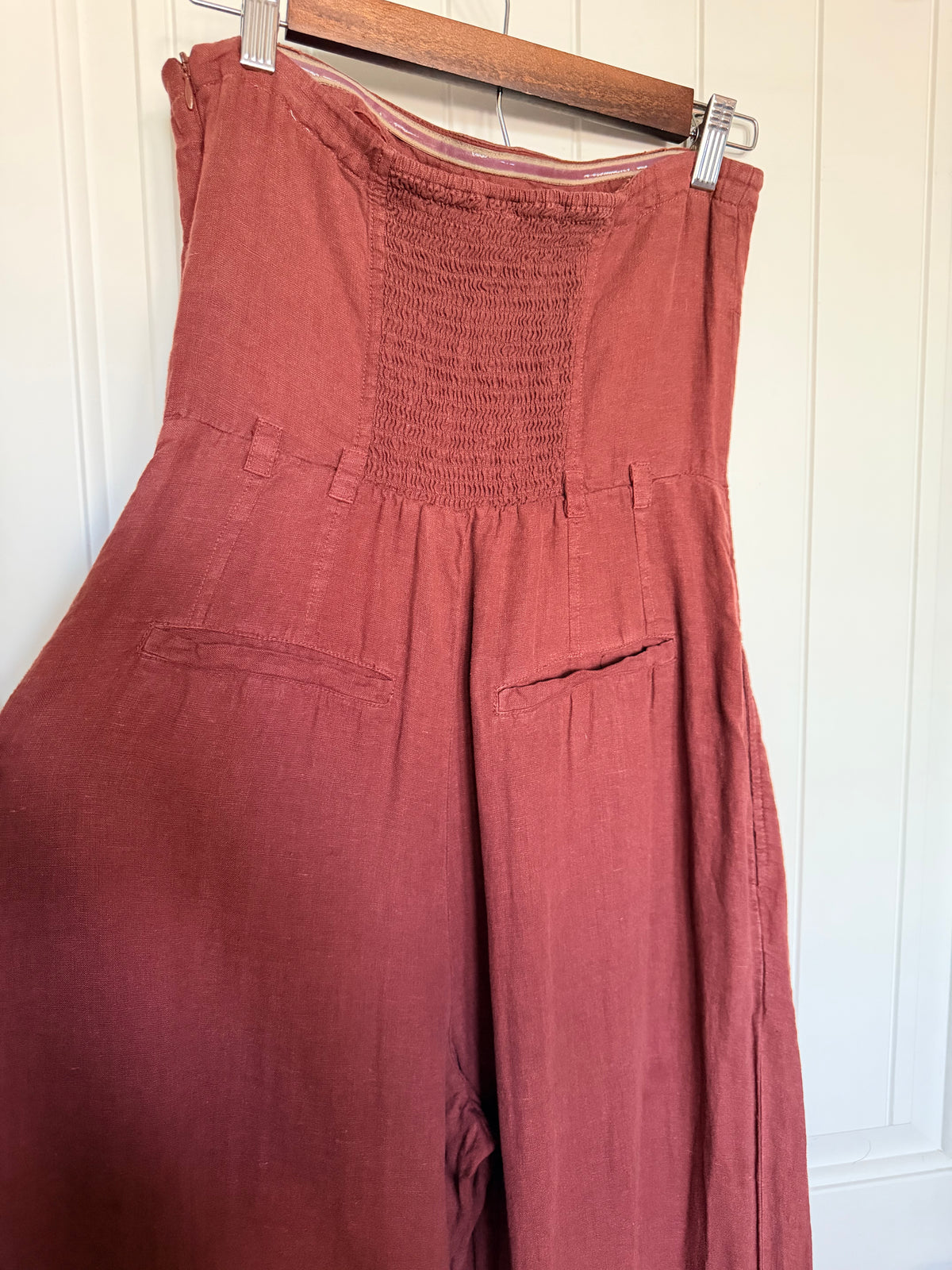 Anthropologie 100% Linen Strapless Wide Leg Jumpsuit Rust 6