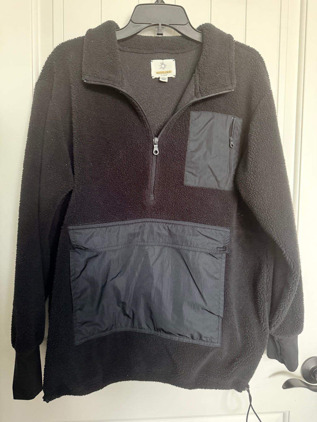 Offline by Aerie Black Sherpa Fleece Quarter Zip Pullover M Oversized Utility
