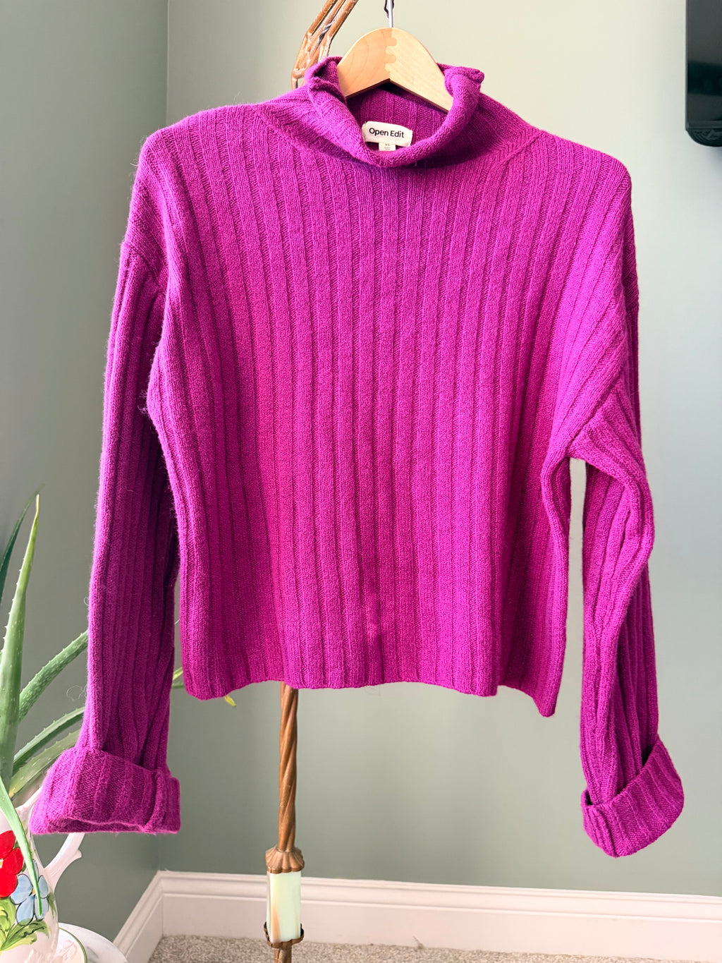 Open Edit Ribbed Turtleneck Sweater XS Magenta Pink Wool Blend Oversized