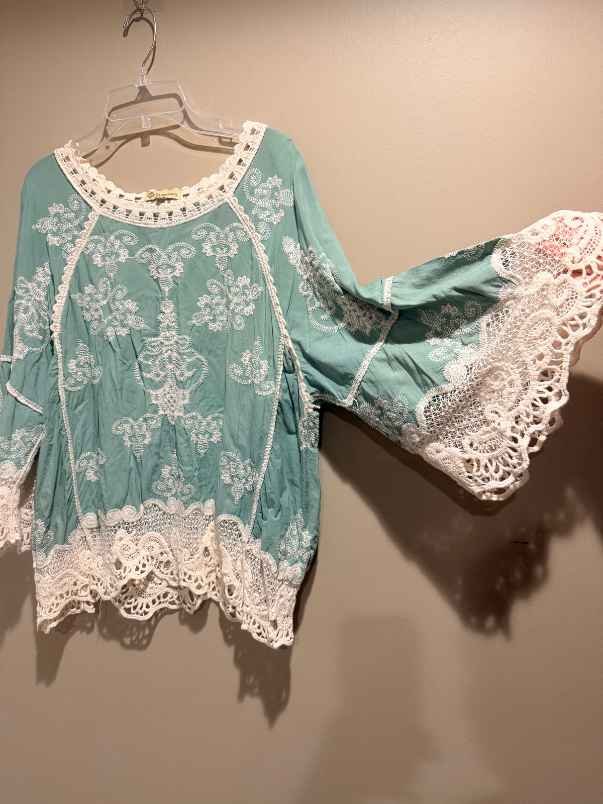 Democracy Seafoam Green Embroidered Crochet-Trim Tunic