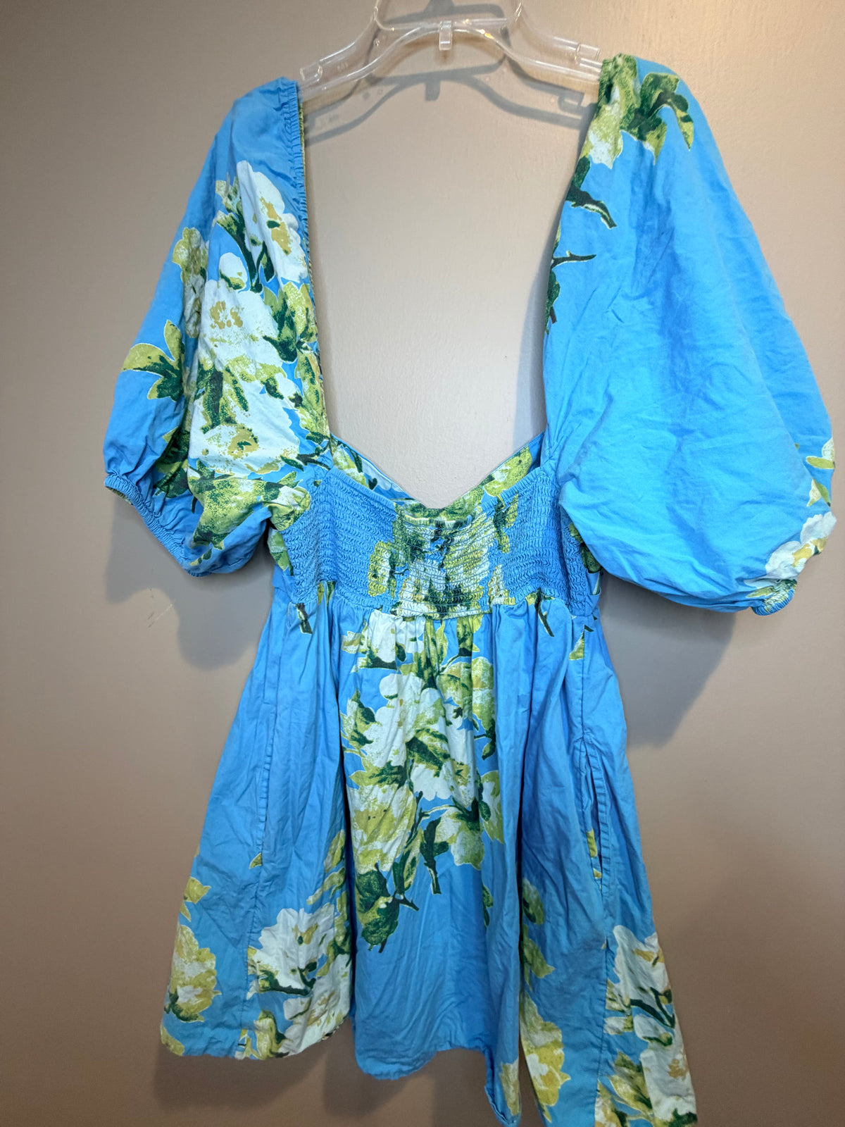 Free People Blue Floral Puff Sleeve Mini Tunic Dress Boho M