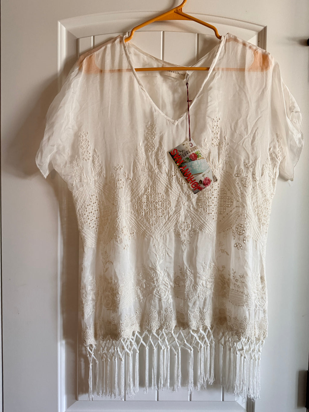 Johnny Was White Embroidered Fringe Tunic Boho Resort XS NWT