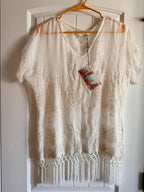 Johnny Was White Embroidered Fringe Tunic Boho Resort XS NWT