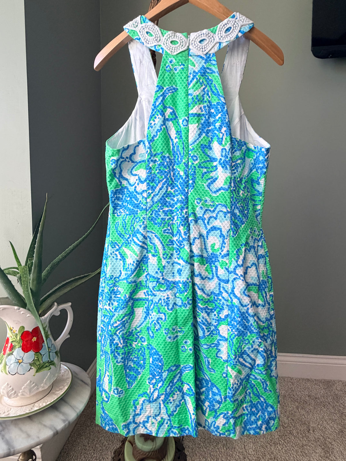 Lilly Pulitzer Size 6 Green Blue Floral Crochet Trim Shift Dress