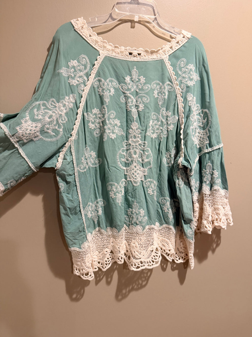 Democracy Seafoam Green Embroidered Crochet-Trim Tunic