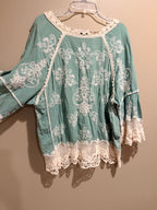 Democracy Seafoam Green Embroidered Crochet-Trim Tunic