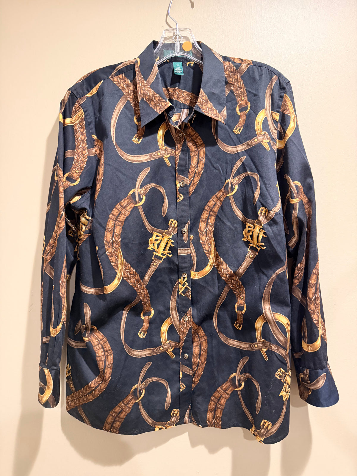 Ralph Lauren Navy Button-Down Blouse with Brown & Gold Equestrian Print
