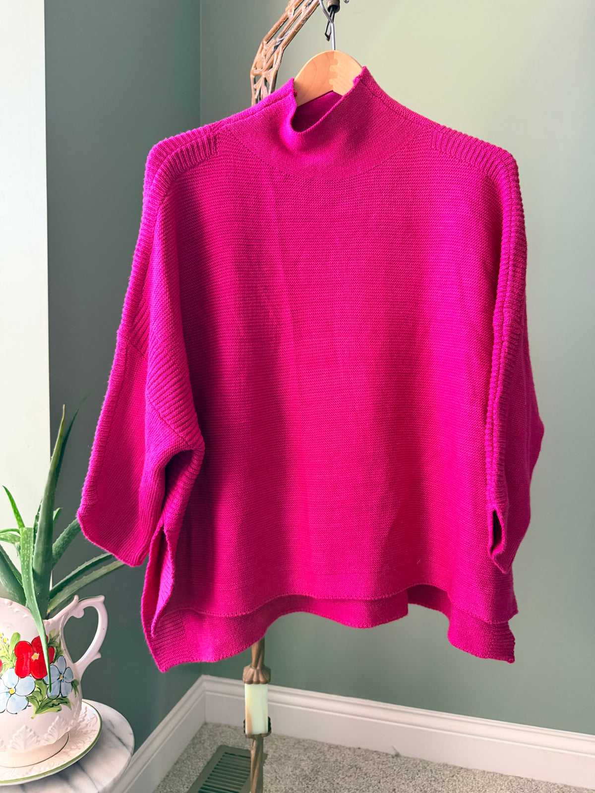 Kerisma Oversized Poncho Sweater Magenta Pink Mock Neck Dolman Sleeve