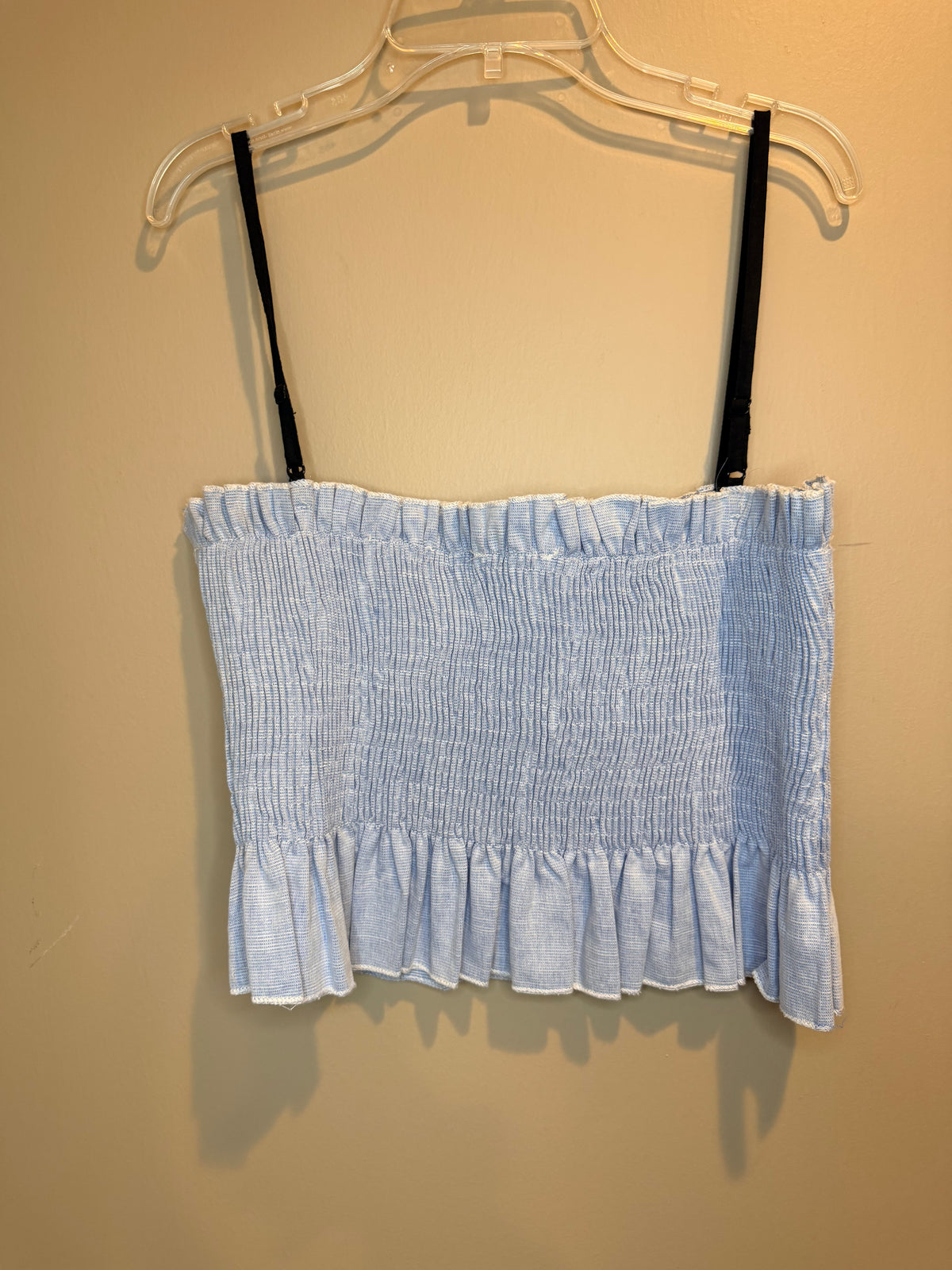 English Factory Light Blue Smocked Ruffle Crop Camisole with Black Straps