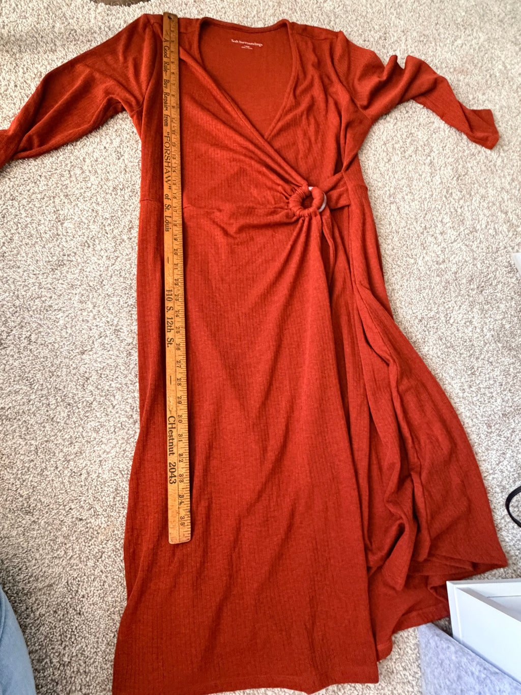 Soft Surroundings Large Rust Ribbed Ring Detail Wrap Maxi Dress Long Sleeve