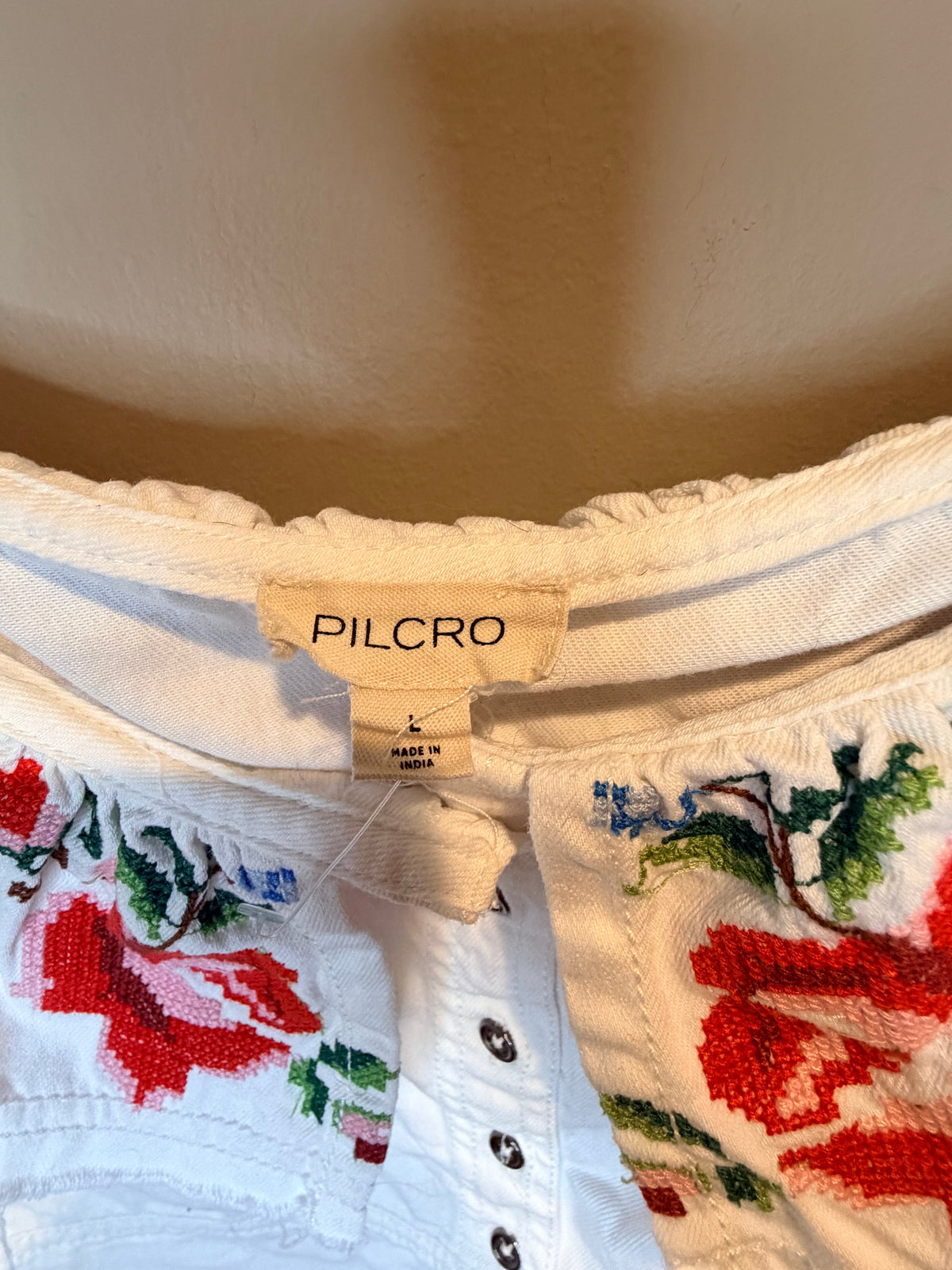 Pilcro White Embroidered Ruffle Camisole with Red and Blue Floral Accents