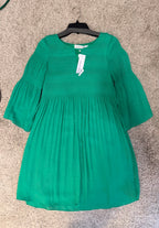 Emma & Michele Emerald Green Pleated Bell-Sleeve Dress