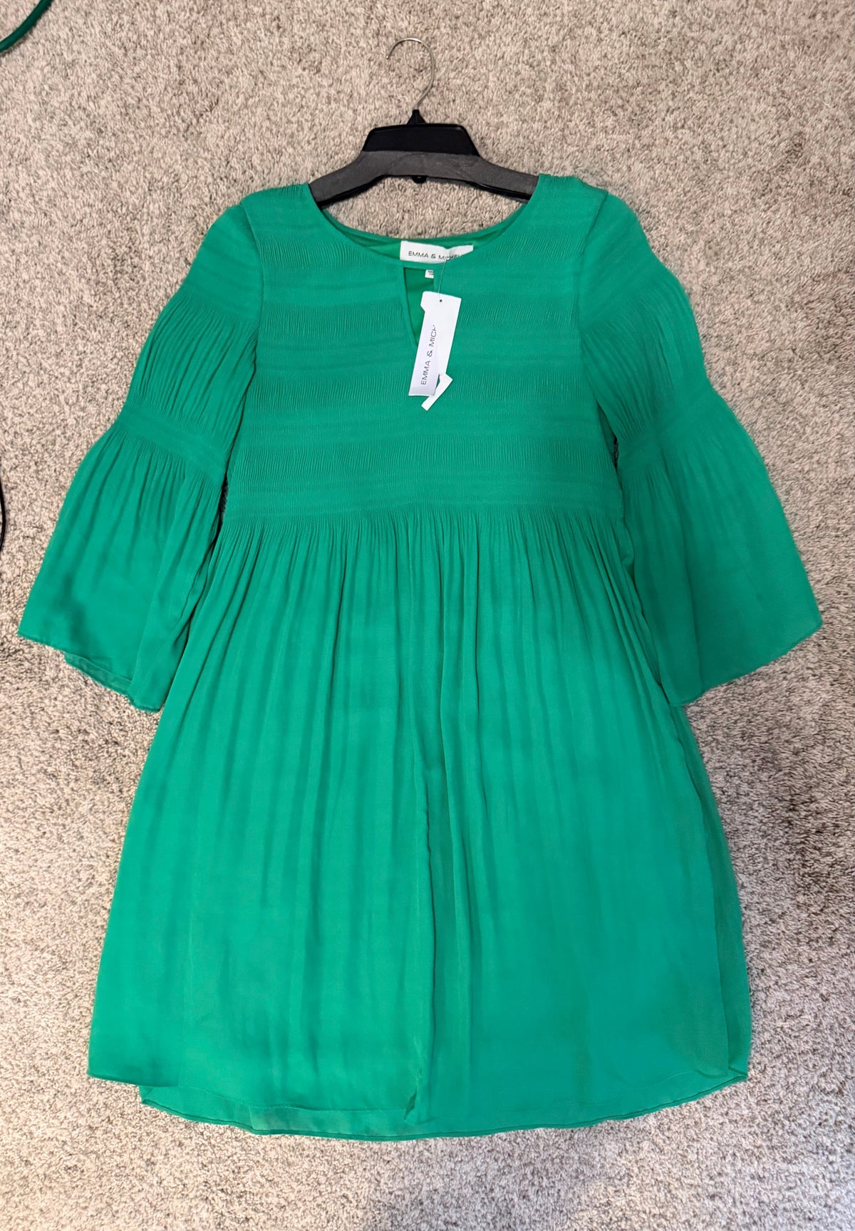 Emma & Michele Emerald Green Pleated Bell-Sleeve Dress