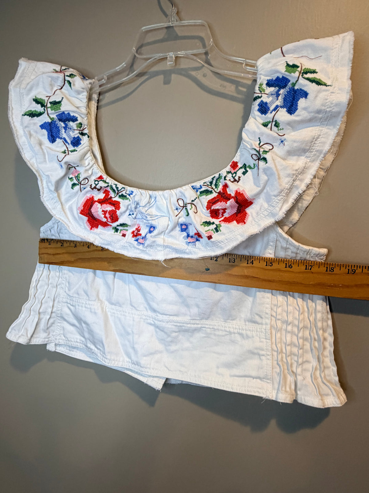 Pilcro White Embroidered Ruffle Camisole with Red and Blue Floral Accents