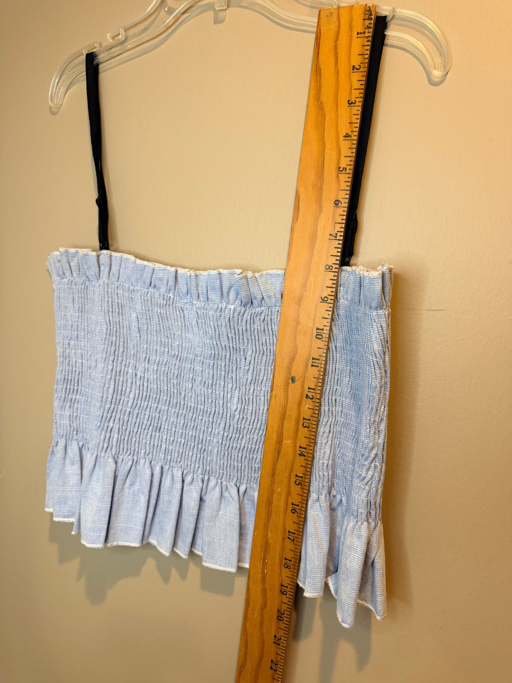 English Factory Light Blue Smocked Ruffle Crop Camisole with Black Straps