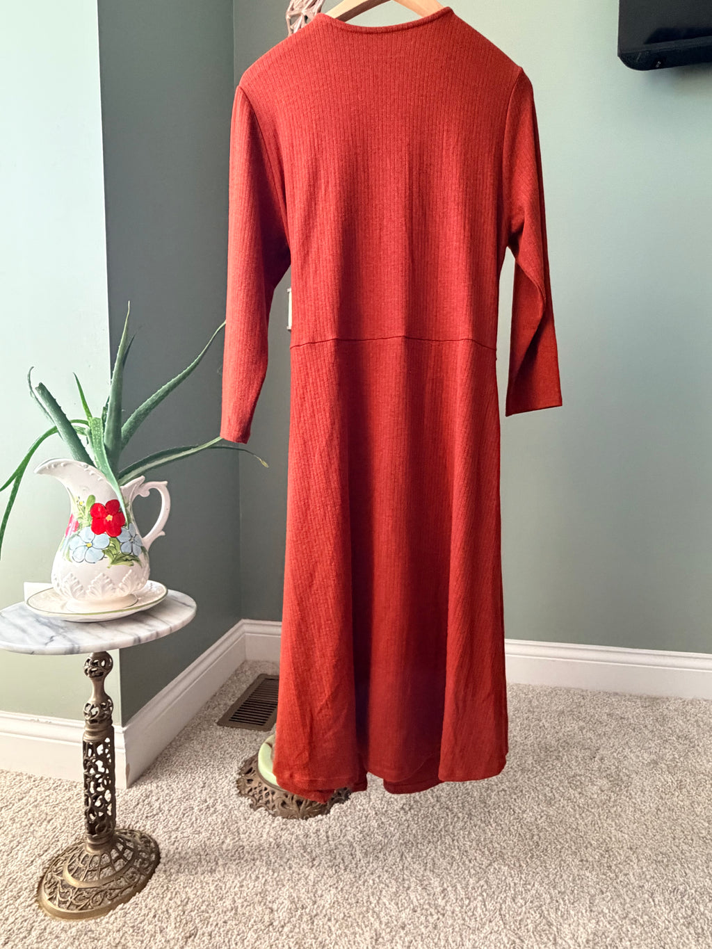 Soft Surroundings Large Rust Ribbed Ring Detail Wrap Maxi Dress Long Sleeve