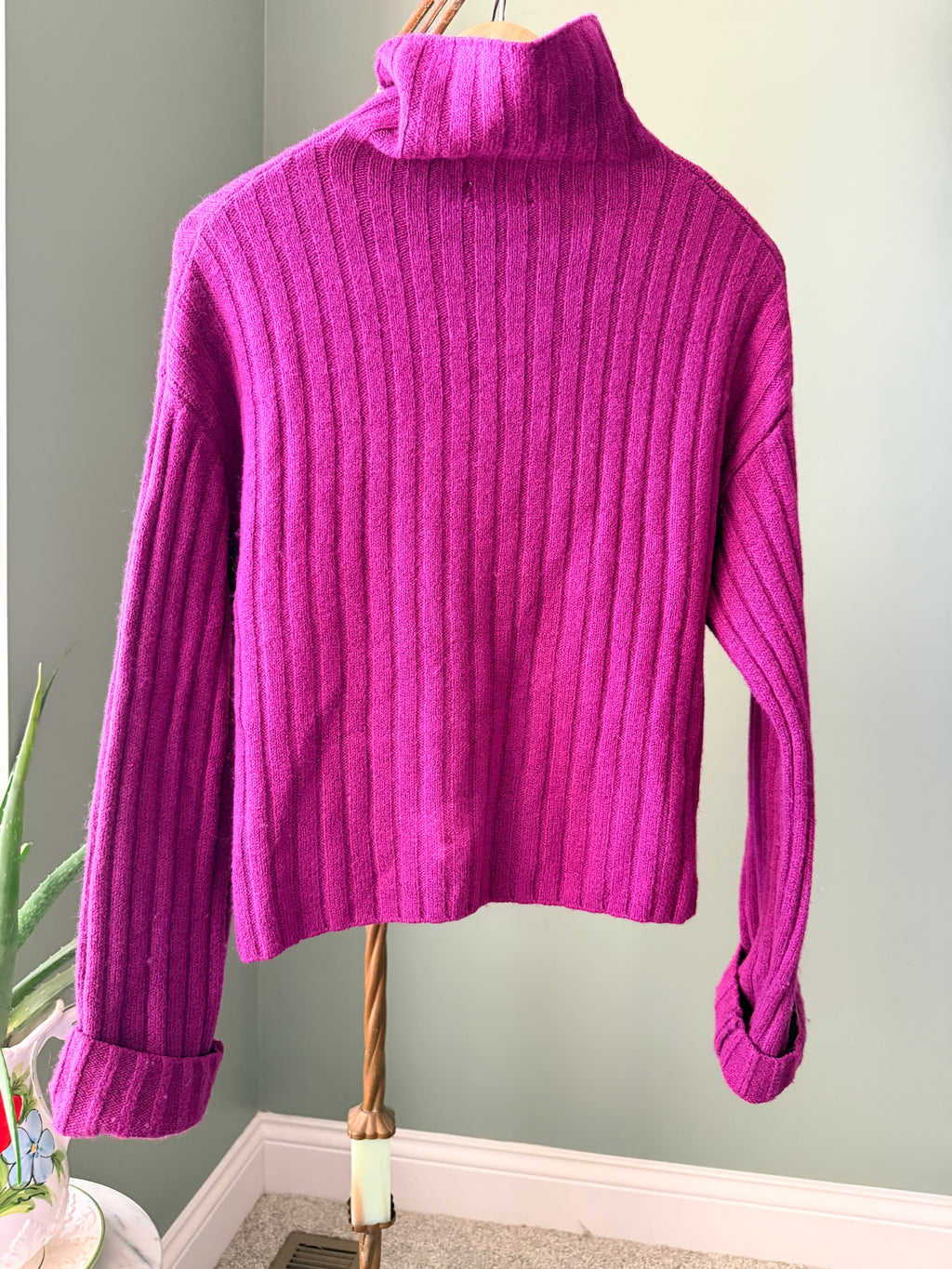 Open Edit Ribbed Turtleneck Sweater XS Magenta Pink Wool Blend Oversized