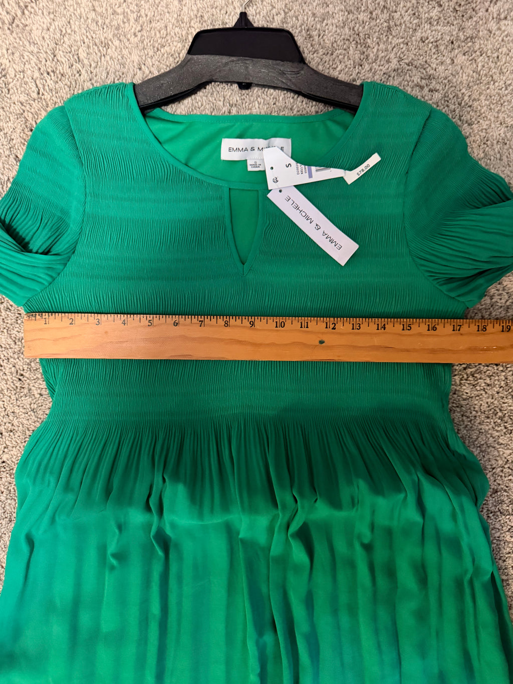 Emma & Michele Emerald Green Pleated Bell-Sleeve Dress