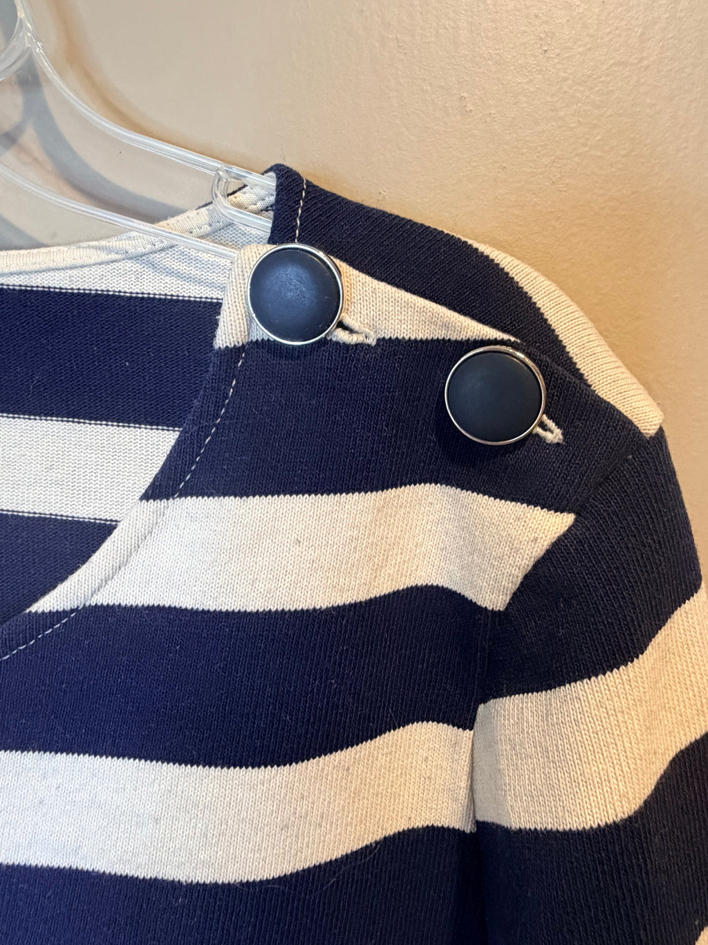 Sezane Navy and White Striped Long-Sleeve Top with Shoulder Buttons