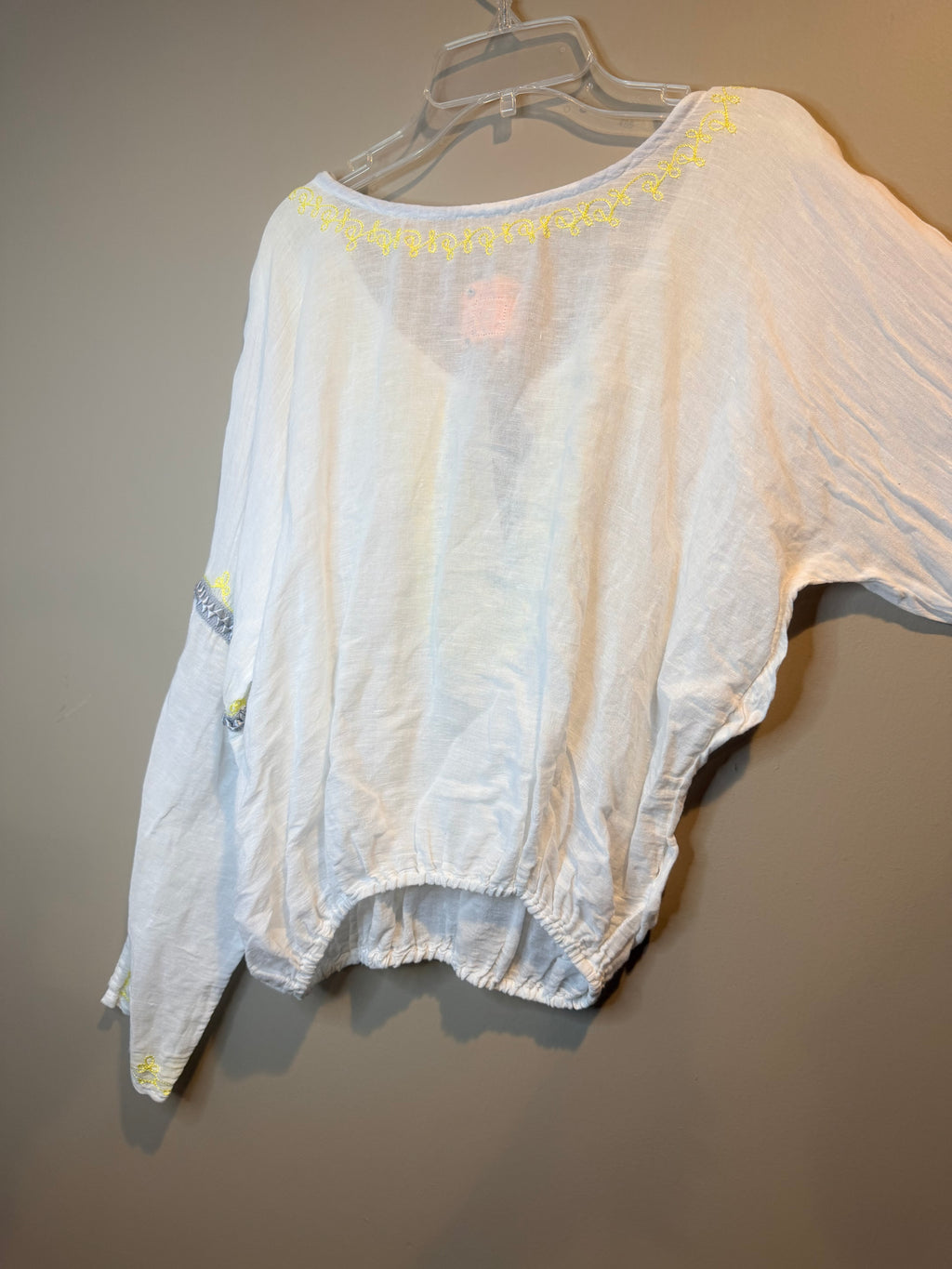 Free People White Peasant Tunic with Yellow and Gray Embroidery