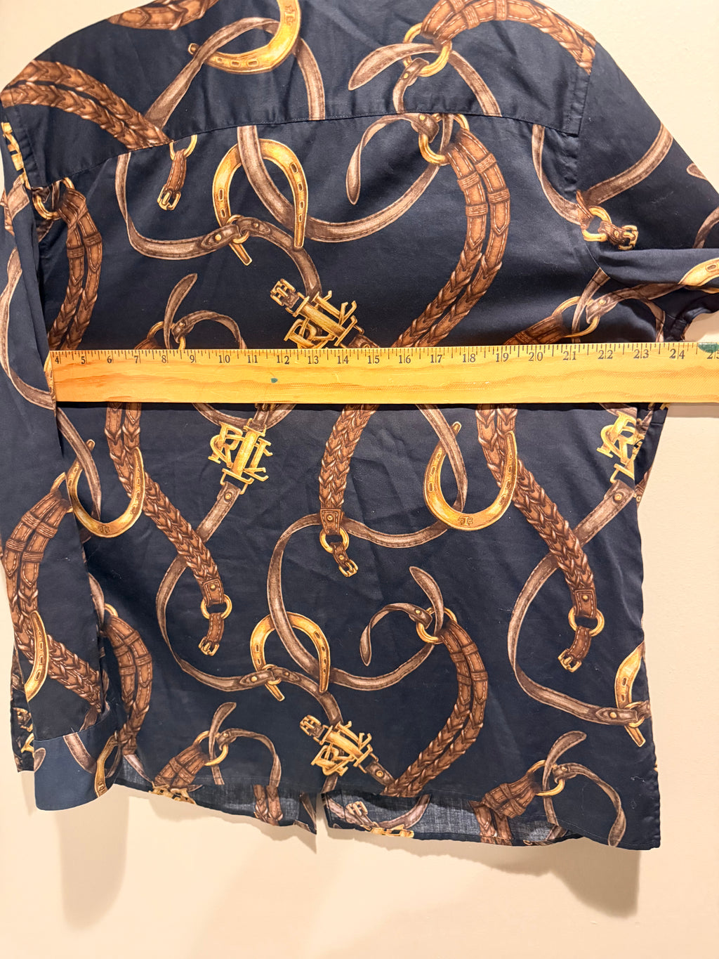 Ralph Lauren Navy Button-Down Blouse with Brown & Gold Equestrian Print