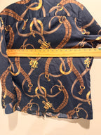 Ralph Lauren Navy Button-Down Blouse with Brown & Gold Equestrian Print