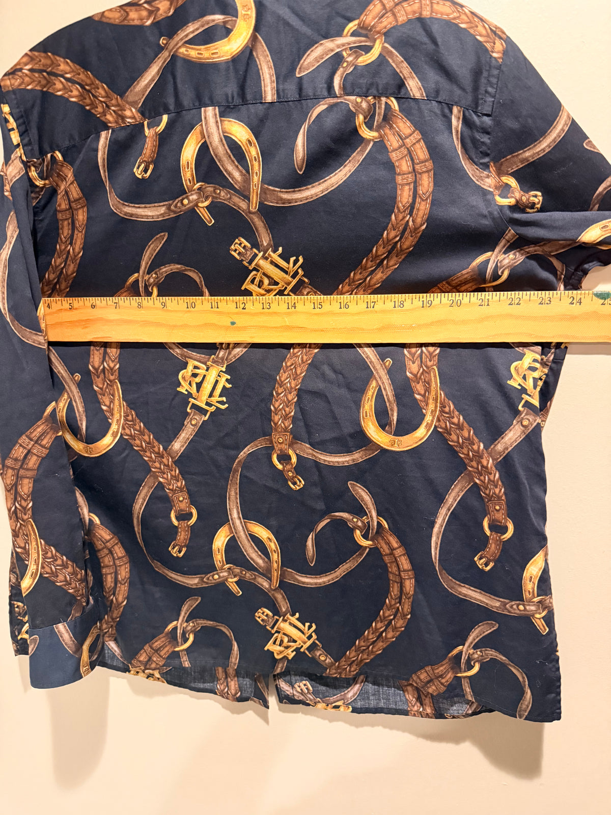 Ralph Lauren Navy Button-Down Blouse with Brown & Gold Equestrian Print